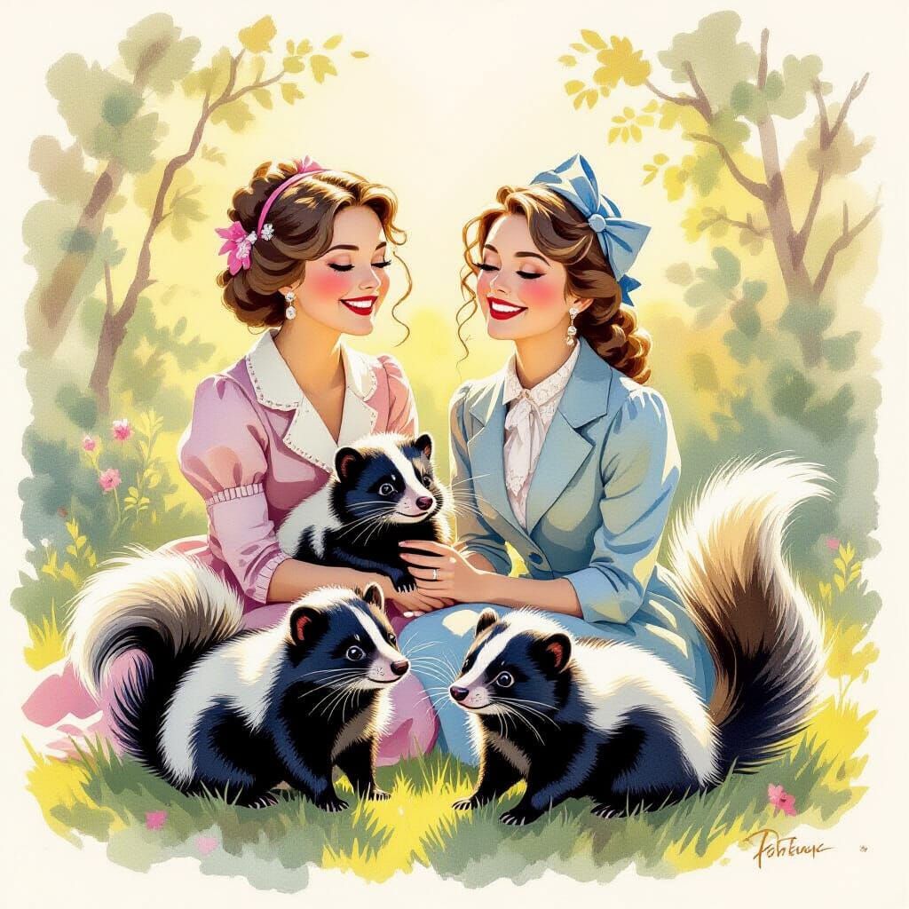 Elegant People Showcasing Pet Skunks in Gouache Painting Sty...