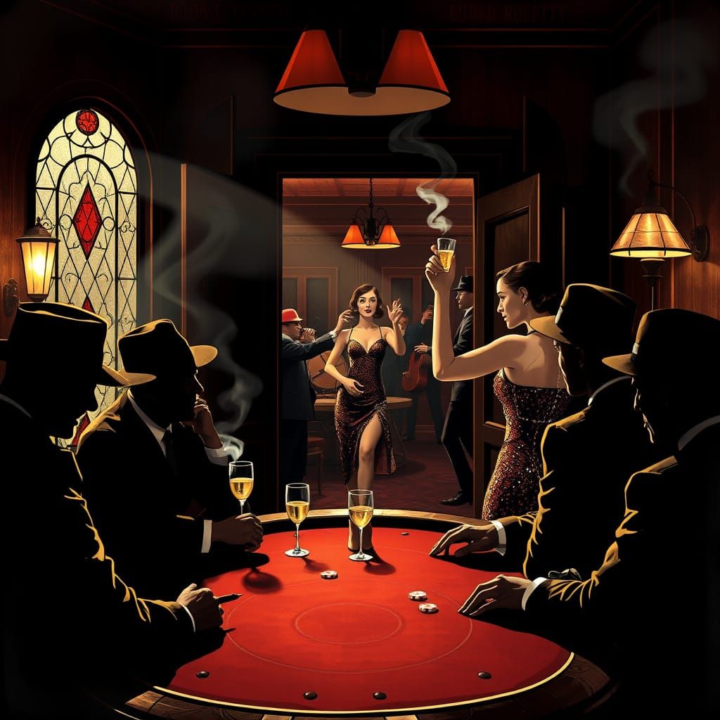 1920s Speakeasy Poker Game in Film Noir Style