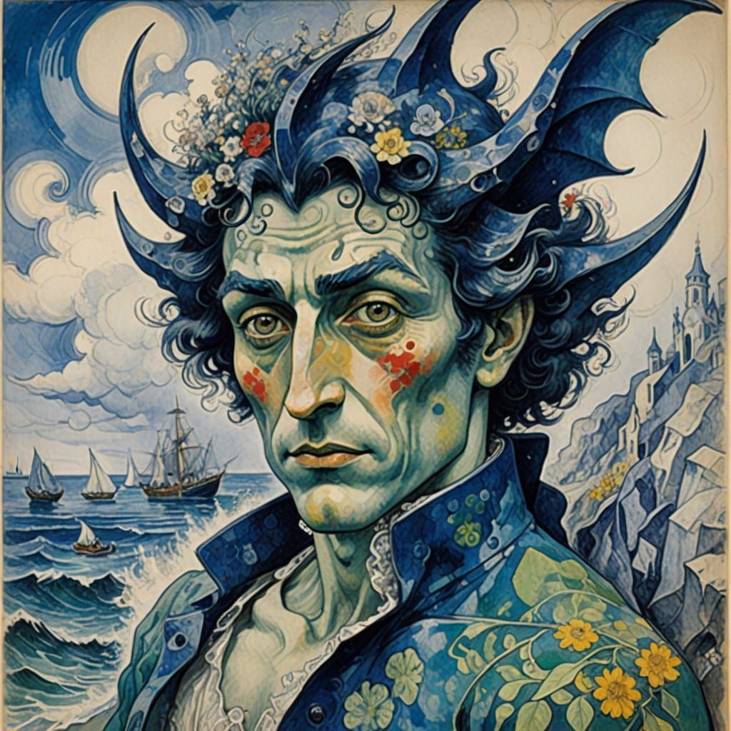 Sea Vampire Pencil Metamorphosis in Vrubel & Chagall Style