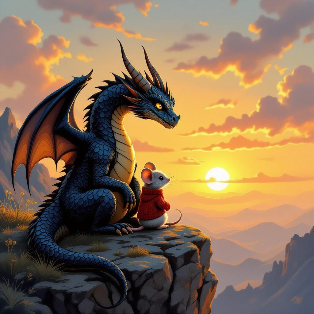 "Create an image of a fearsome dragon and a tiny mouse sitti...