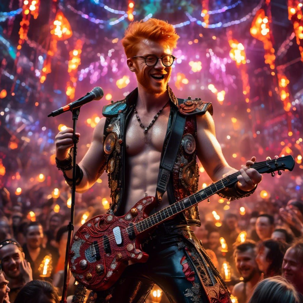 <lora:Cyborg1:1.0> <lora:NC Hyperreal:1.0> A dreamlike scene of Laurence, a 30-year-old ginger hunk with glasses, perfor...