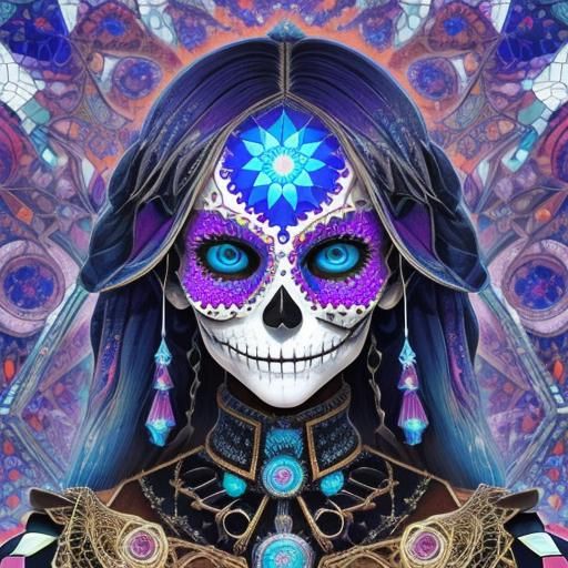 Intricate Fractal Mosaic Sugar Skull in Anime Style