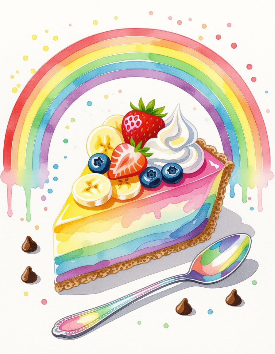 Rainbow Cheesecake Slice with Berries in Watercolor Style