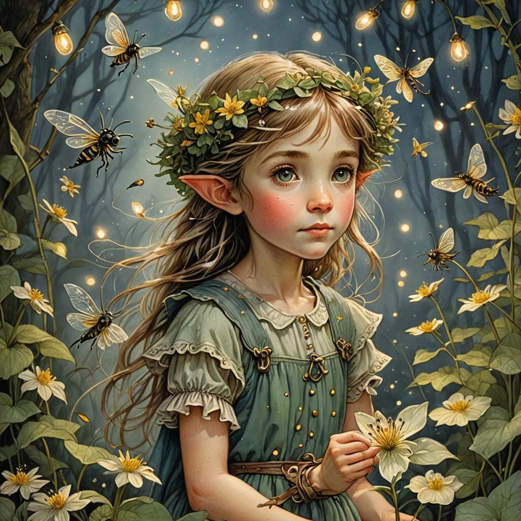 Flower Elf with Fireflies in Vintage Style