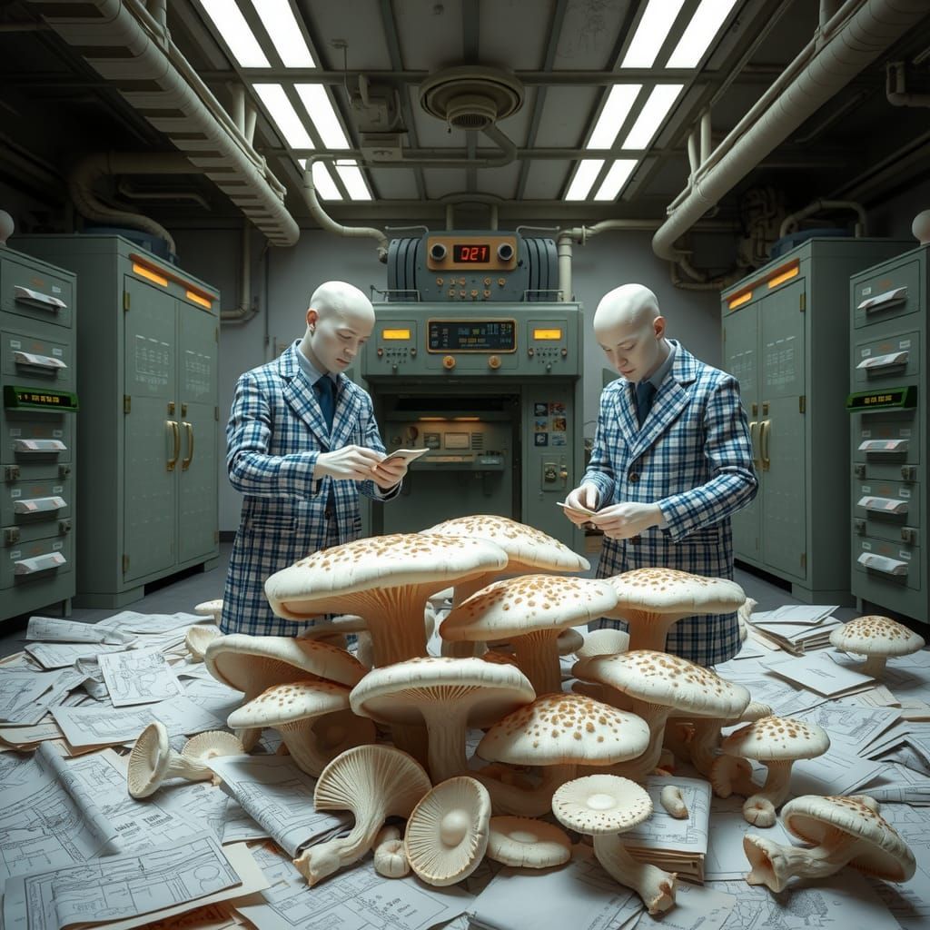 Porcelain Bureaucrats Counting Mushrooms in Dystopian Future