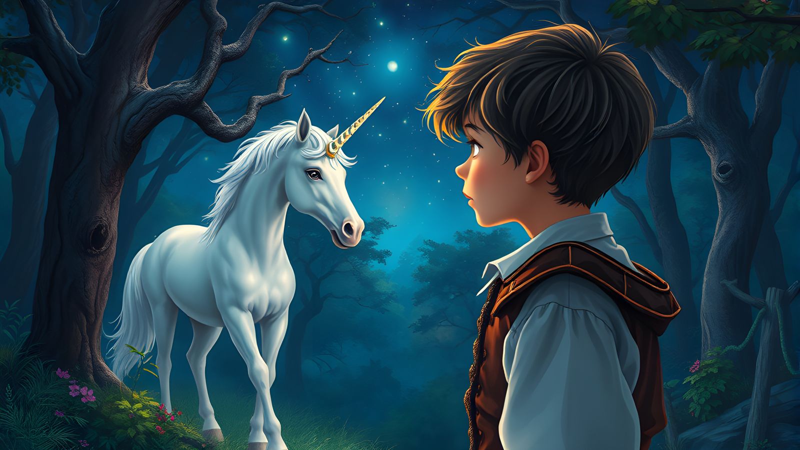 Orphan and Unicorn in Magical Forest Graphic Art