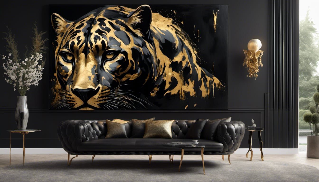 Grunge Panther with Golden Highlights on Black Canvas