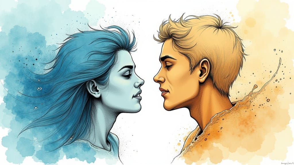 Water Woman and Sand Man Embrace by the Sea