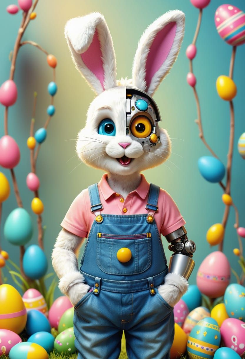Cyberpunk Easter Bunny Wears Jeans in Whimsical Digital Art