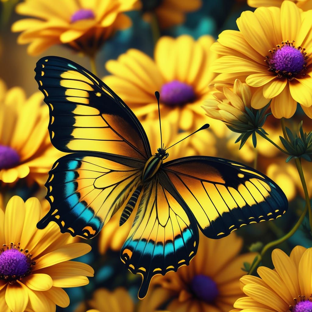 Yellow and Black Butterfly in Digital Oil Painting Style