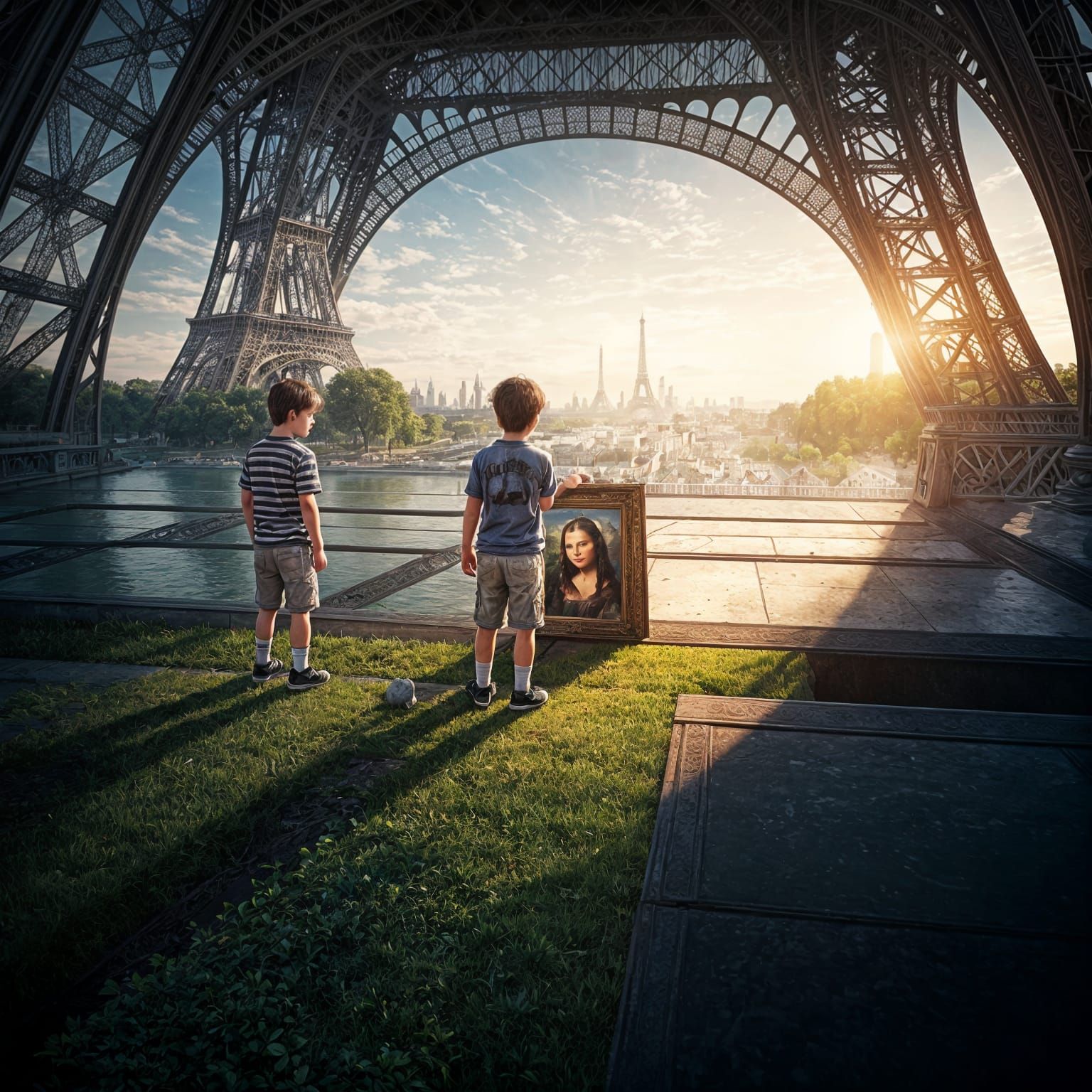 Eiffel Tower: Boys Watch Fallen Mona Lisa