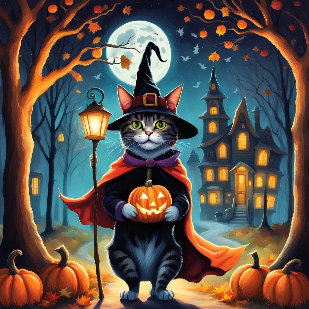 Cat Witch Holds Jack-O-Lantern on Halloween Night