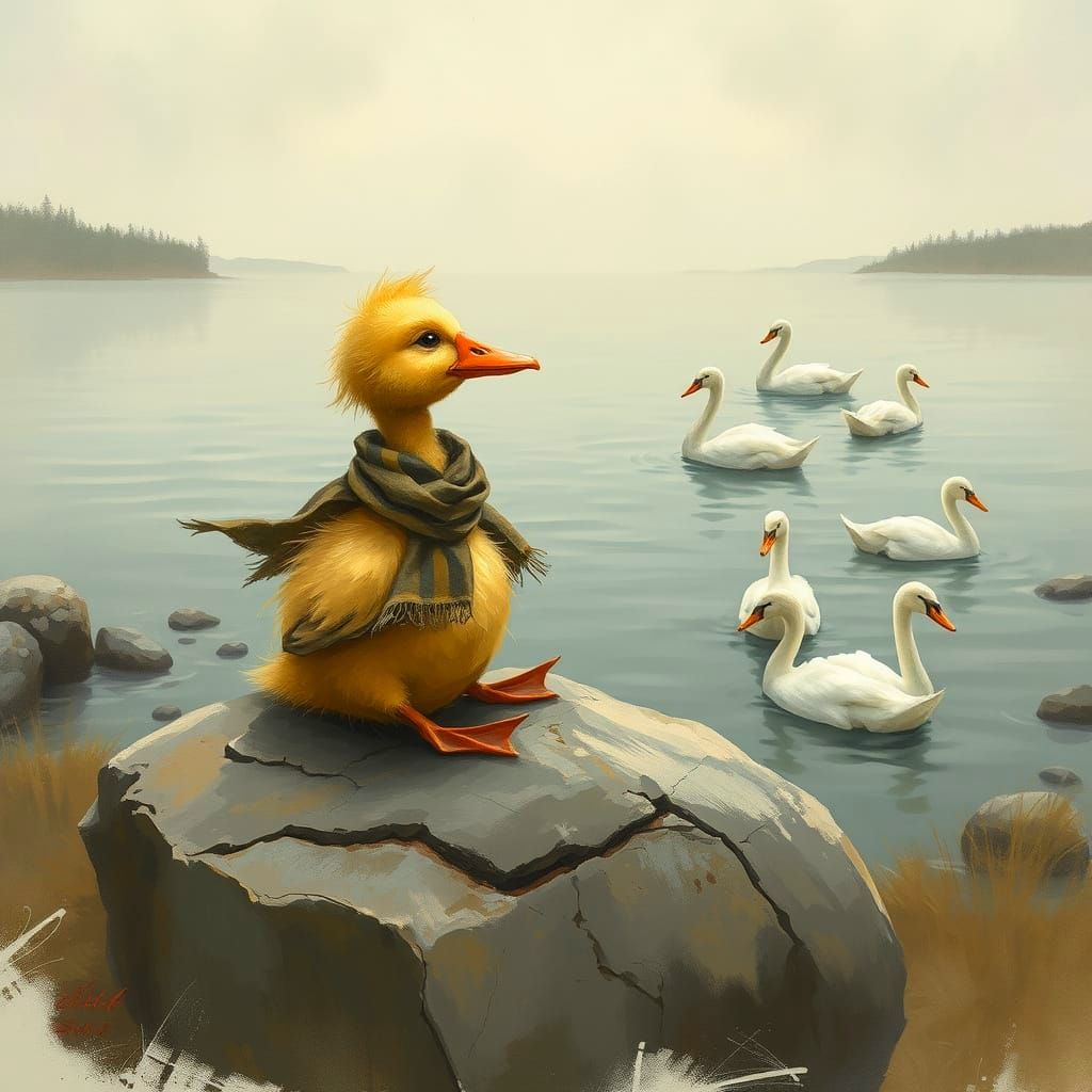Sad Duckling Overlooking Swans, Dreamy Art Style