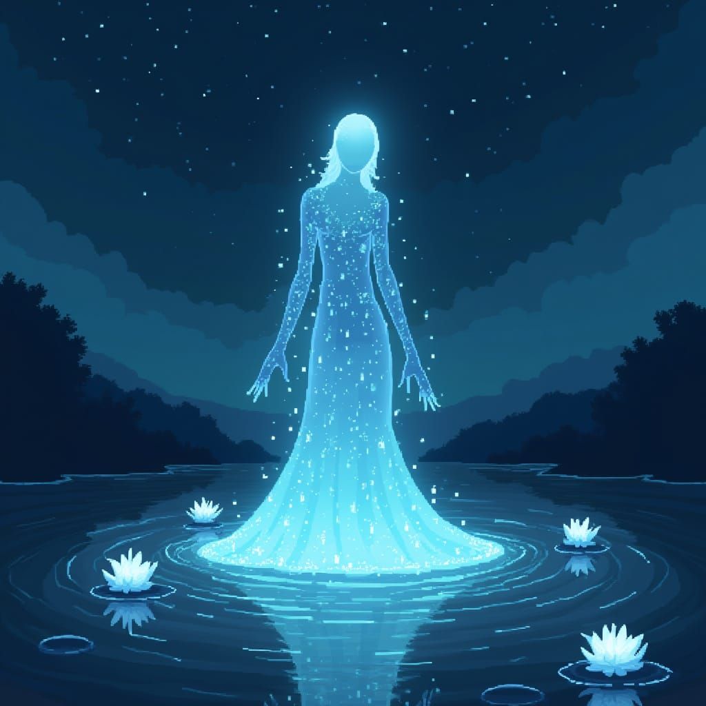 Glowing Water Spirit Rises in Whimsical Pixel Art