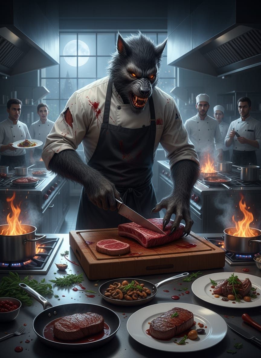 Werewolf Chef Cooking Under Full Moon