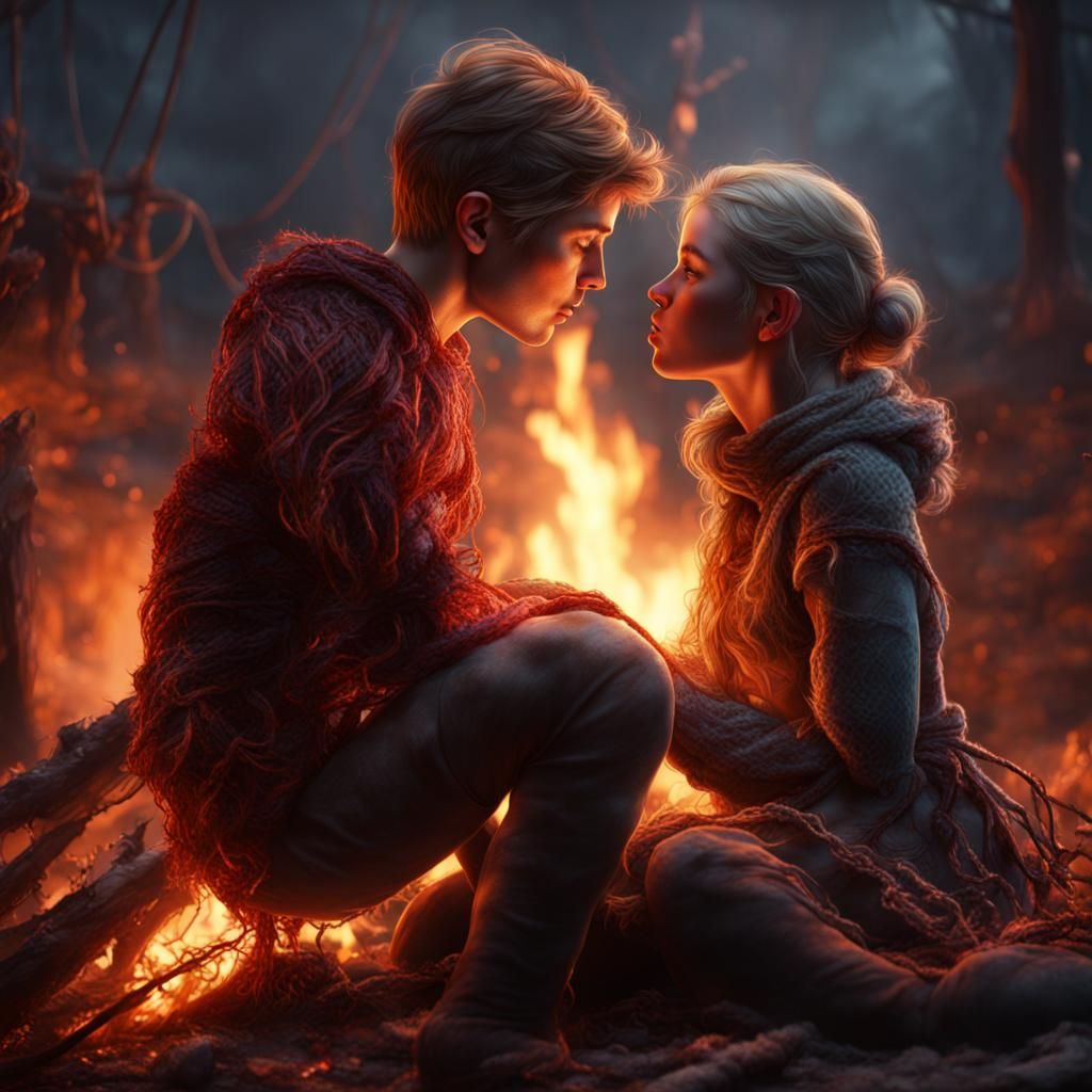 Yarn and Twine Figures Kissing by Fire