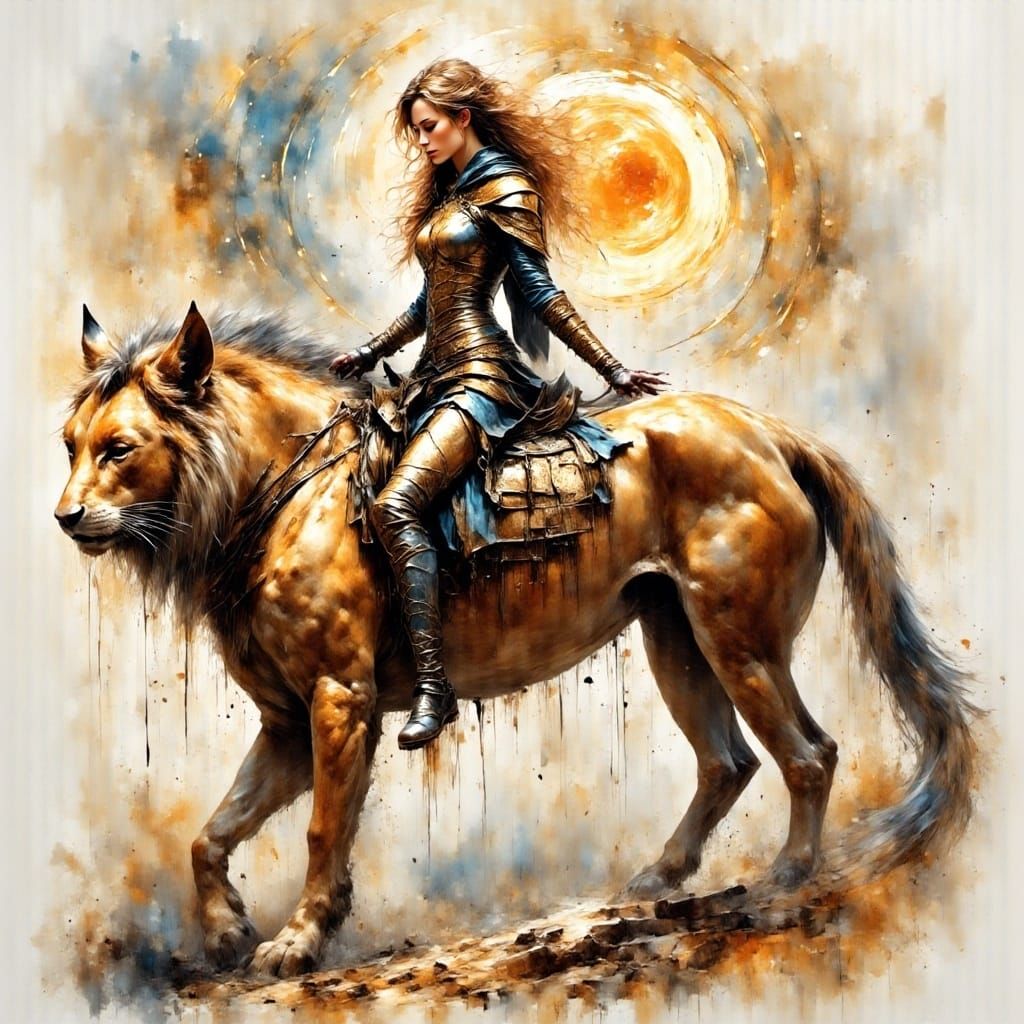 Copper-Haired Adventurer Rides Giant Cat in Surreal Watercol...