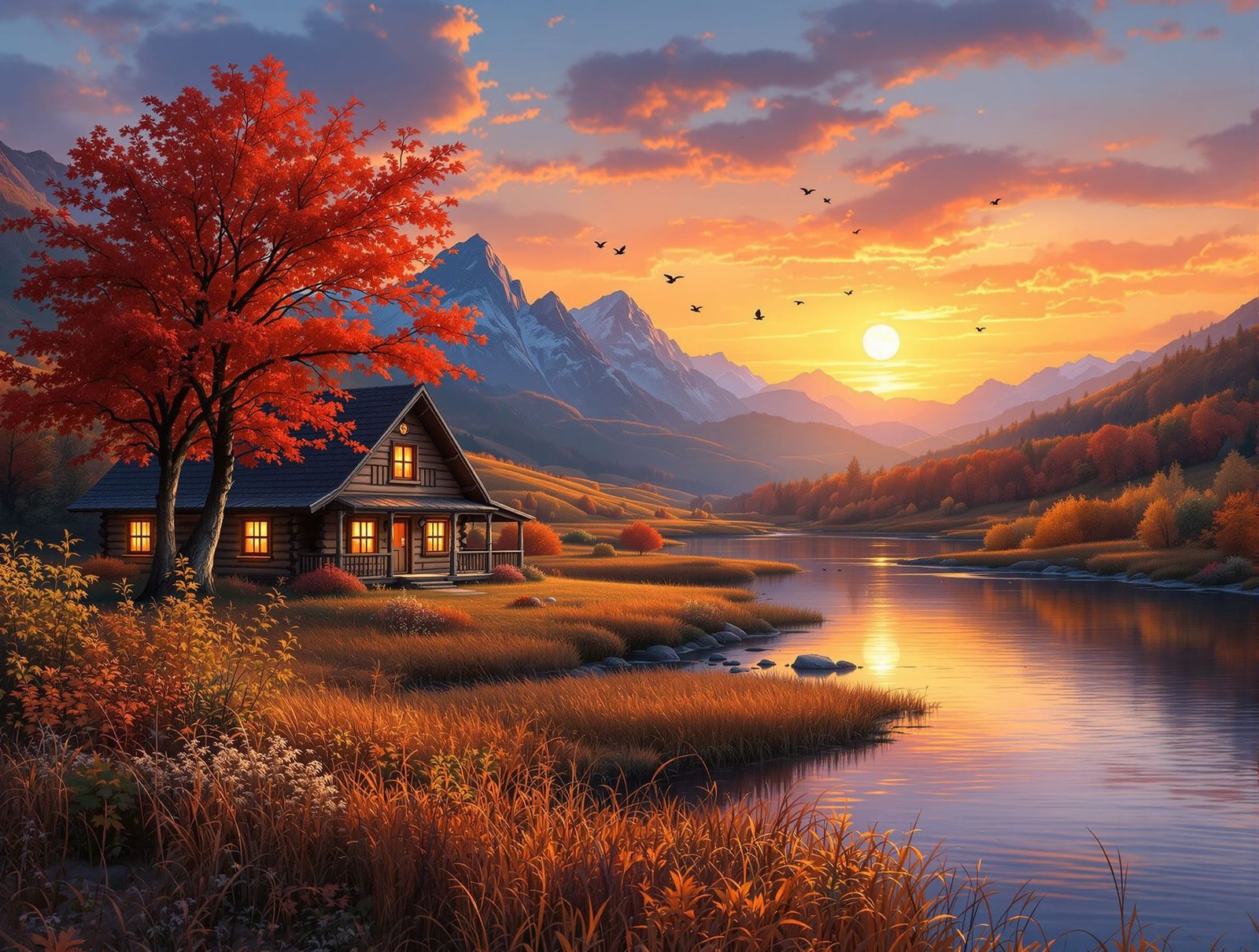 Autumn Cabin Sunset Over Reflecting River