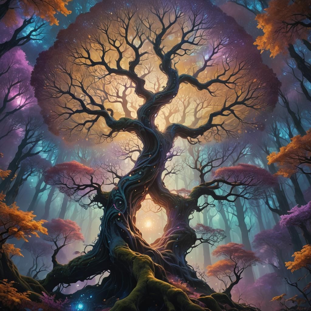 Glowing Tree in Iridescent Forest: Fantasy Art Nouveau
