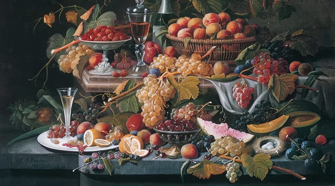 still life oil painting, of fruits on a table