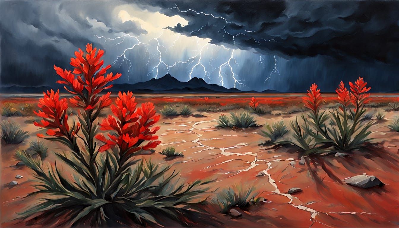 Red Indian Paintbrush growing  in barren playa, in a violent thunderstorm. Lightning, rain, dark clouds.