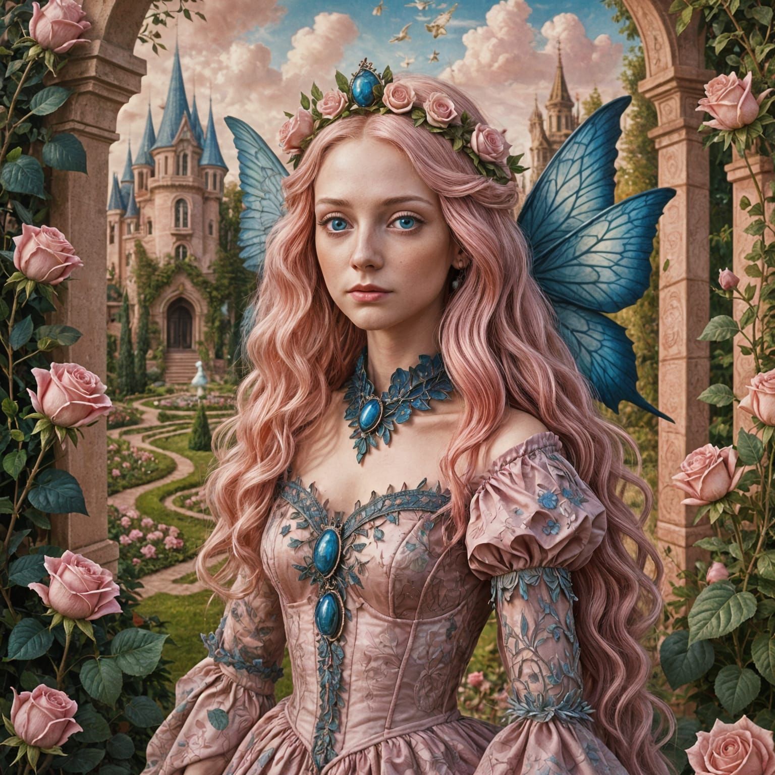 Whimsical Fairy in Rose Petal Gown Amidst Pink Castle Bloom