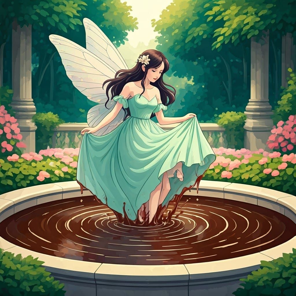 Surreal Whimsy Fairy in a Coffee Fountain Scene, Inspired by...