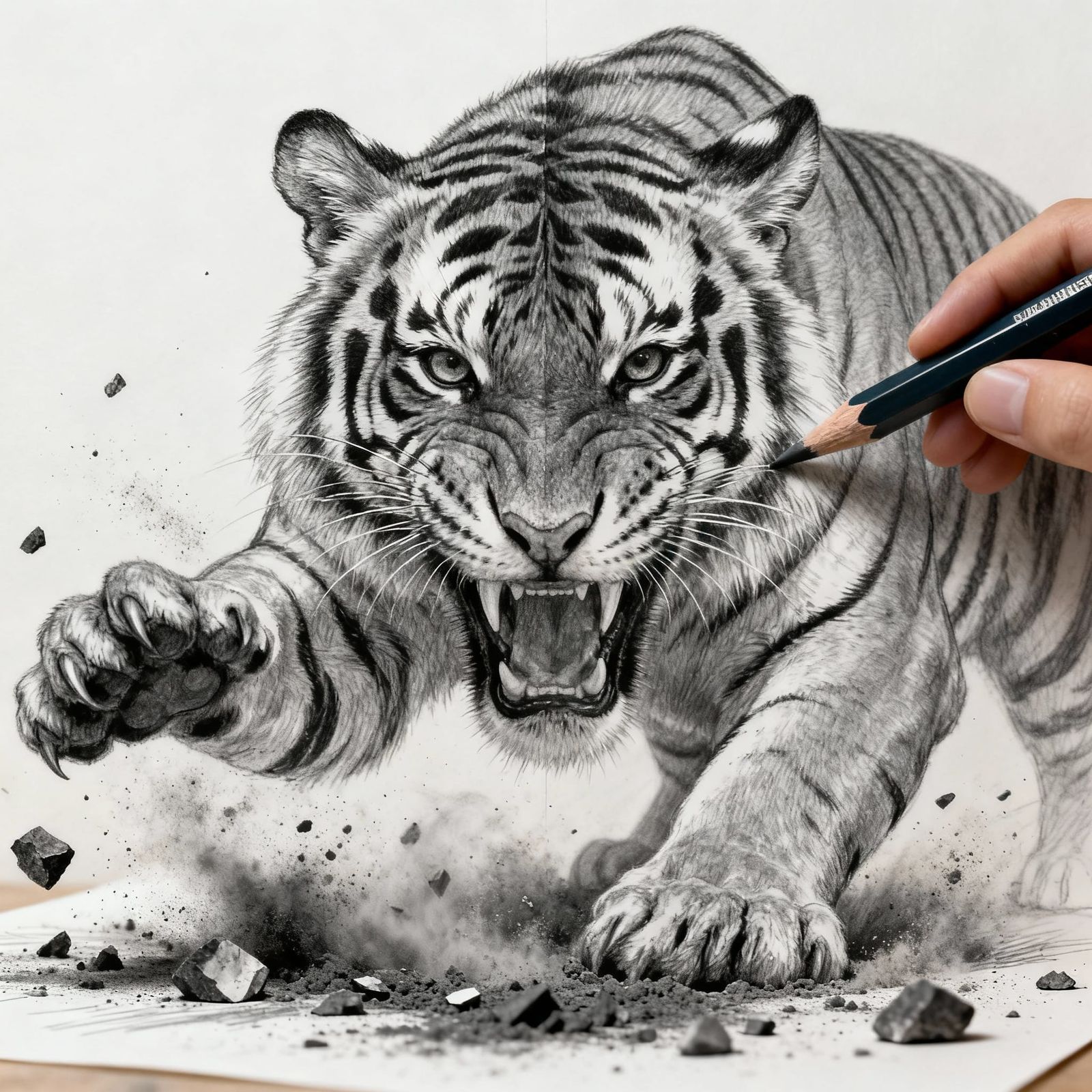 Macro Tiger Emerges from Graphite Lines