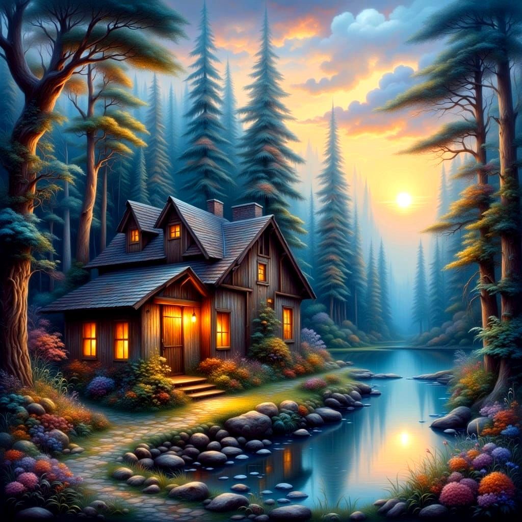 Whimsical Twilight Cabin in Fantasy Woods
