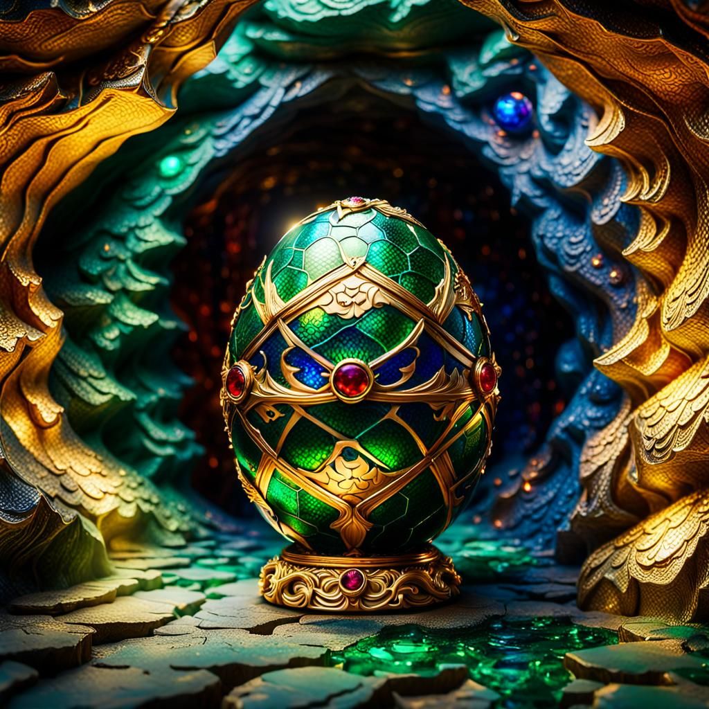 Ornate Dragon Egg in Treasure Cave, Fantasy Art