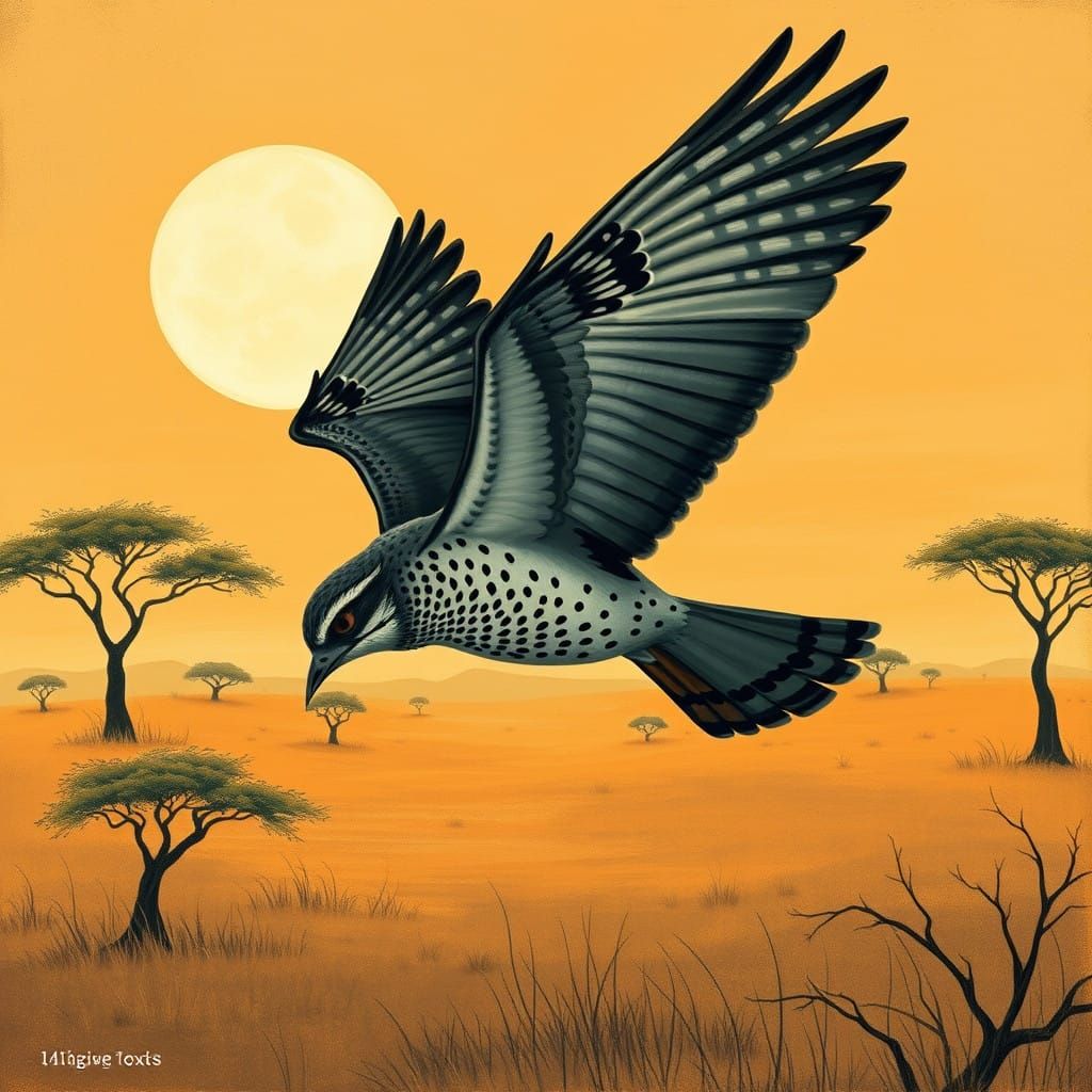 Majestic Nightjar in Whimsical Moonlit Savannah