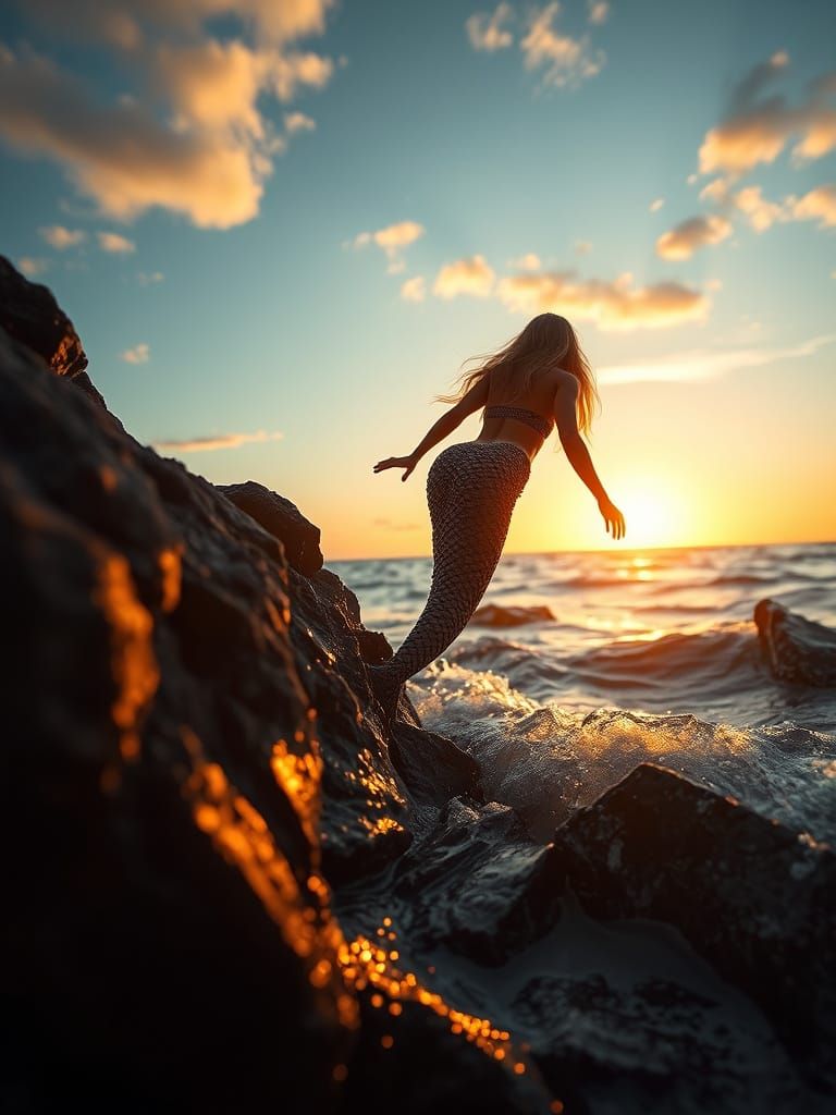 Airbrushed Mermaid at Sunset Climbing onto Rock