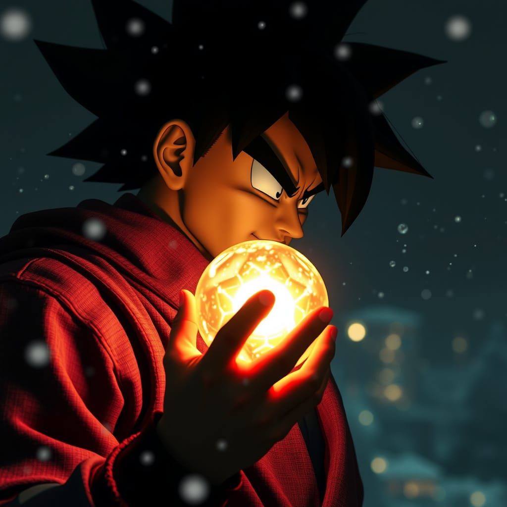 Goku Silhouette with Energy Ball in Dramatic Lighting