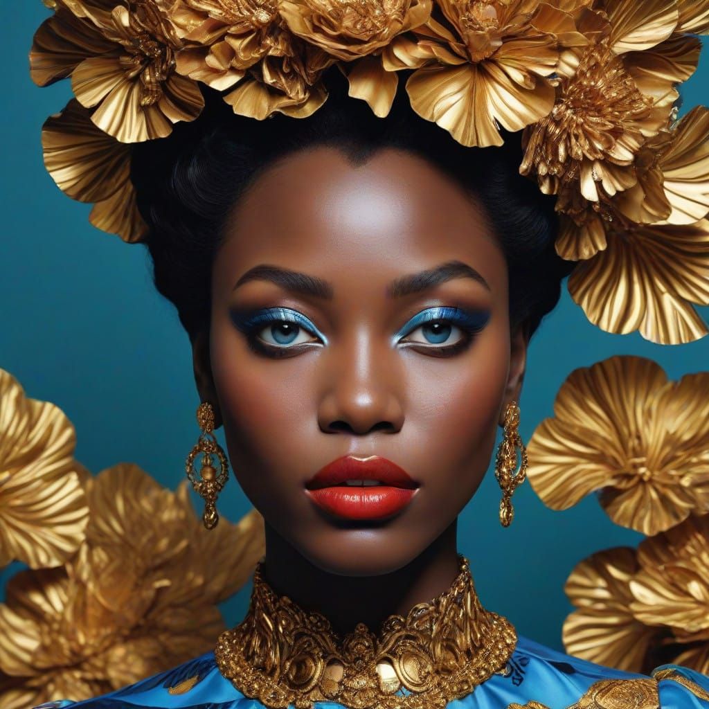 A head of a beautiful utopic man with dark skin and red lipstick on her lips, topaz blue eyes, and abstract makeup on he...