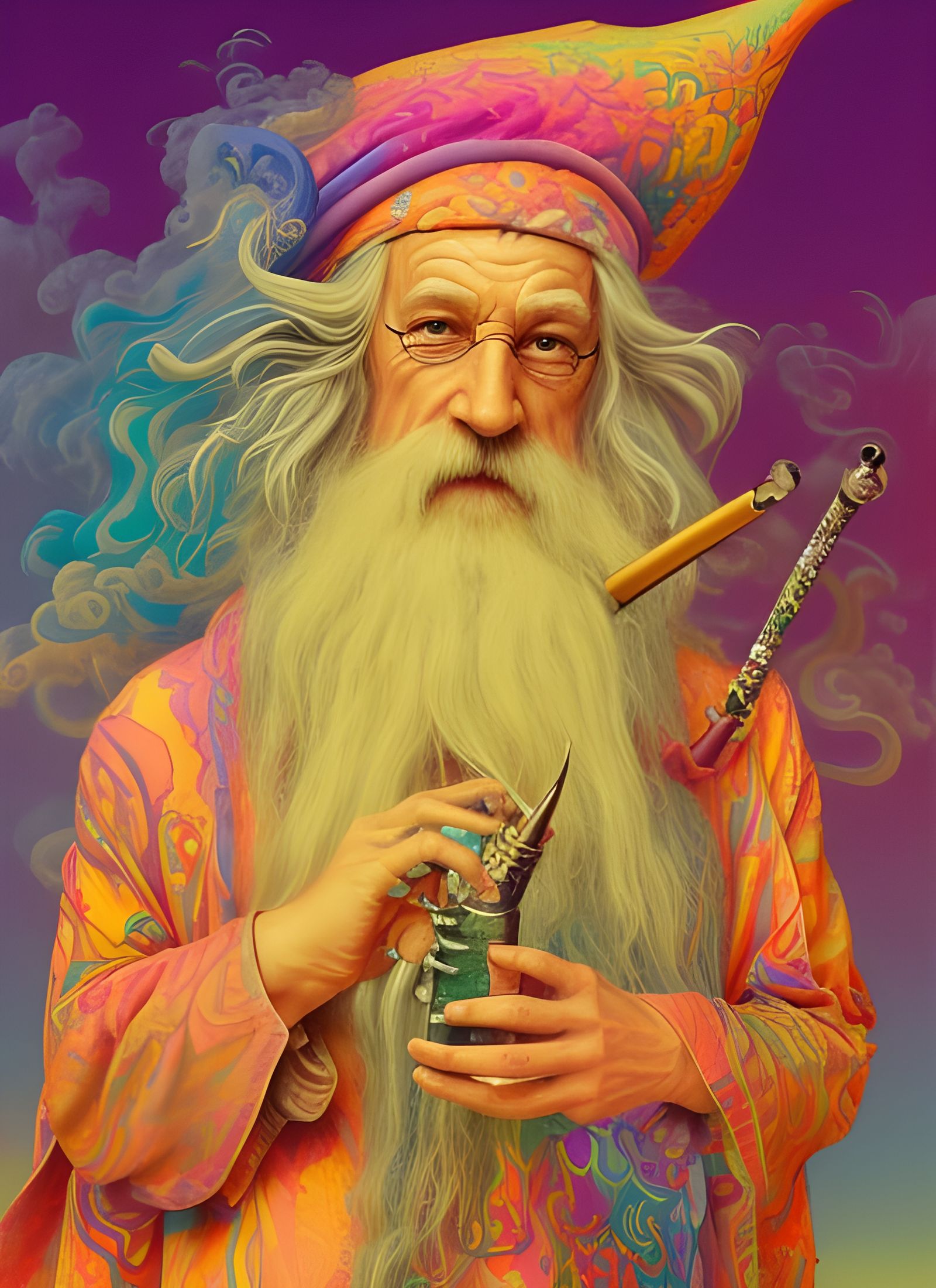 Psychedelic Wizard Smoking Pipe Portrait