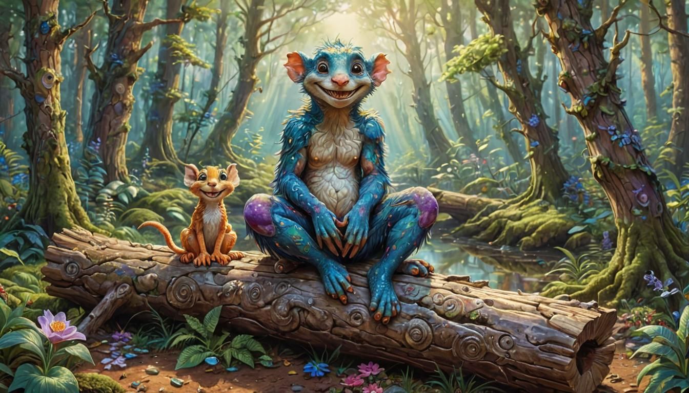 Smiling Creature in Forest, Detailed Painting