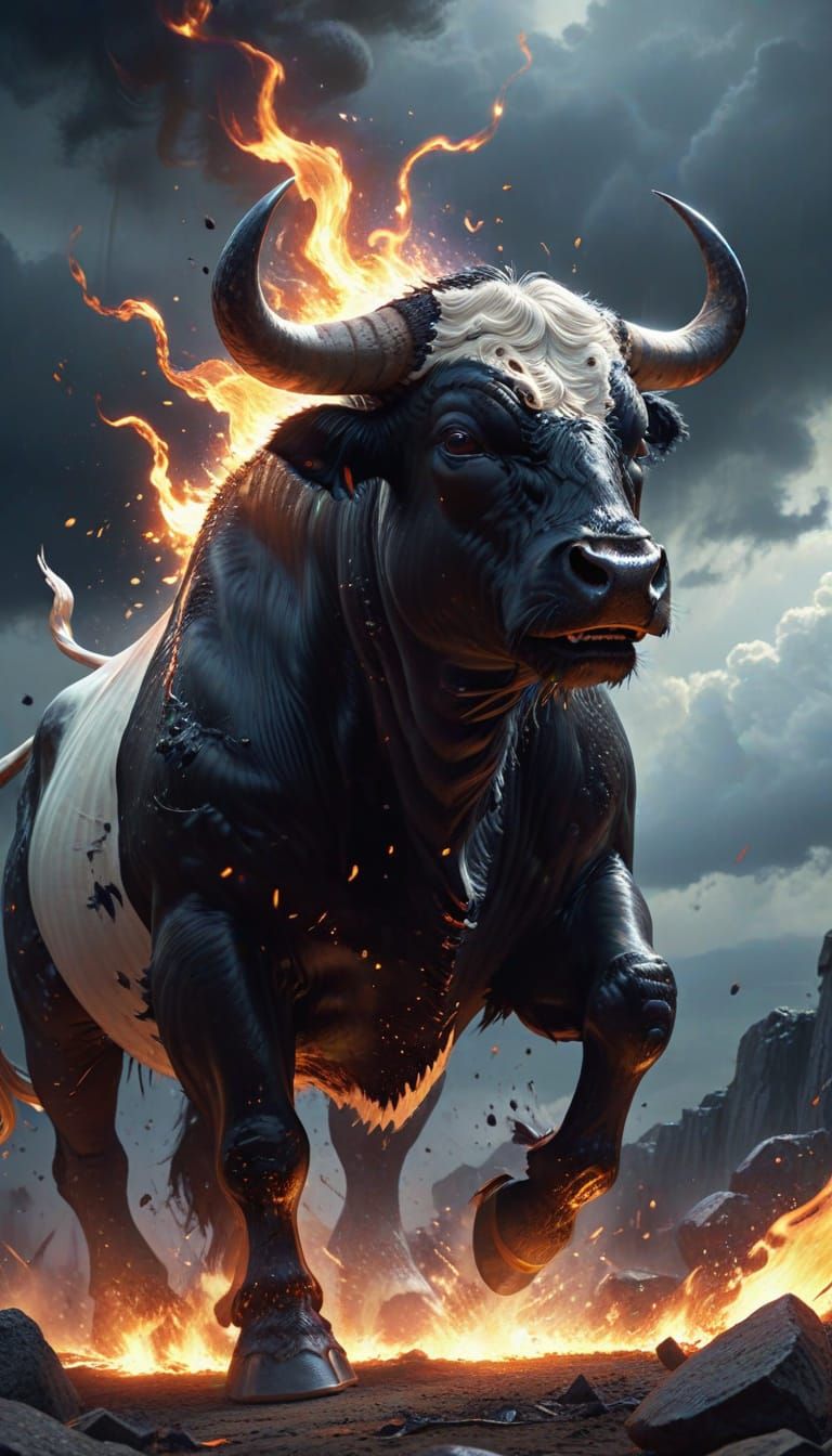 Gigantic Black Bull Lifts White Bull with Flaming  - AI Art
