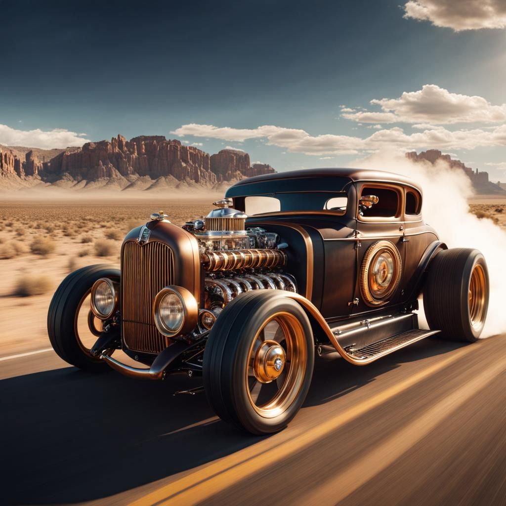 Steampunk Demon Hot Rod on Desert Highway