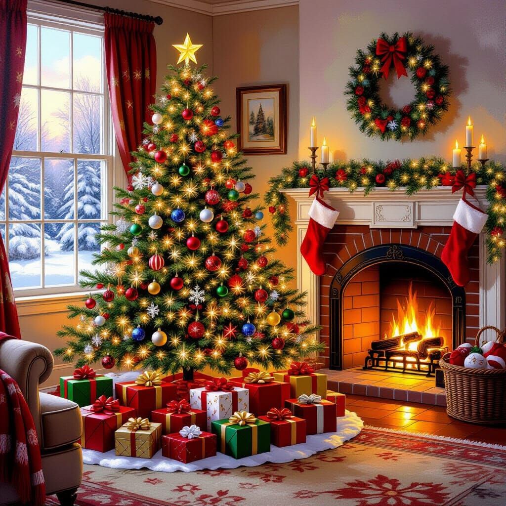 Cozy Christmas Day Scene in Whimsical Oil Painting Style