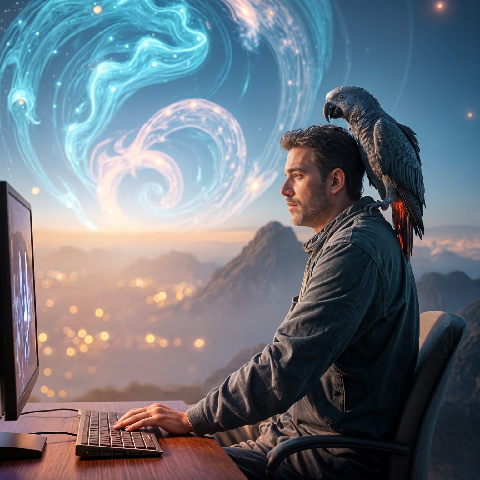 A Man in Liminal Space with an Ouroboros and African Grey Pa...