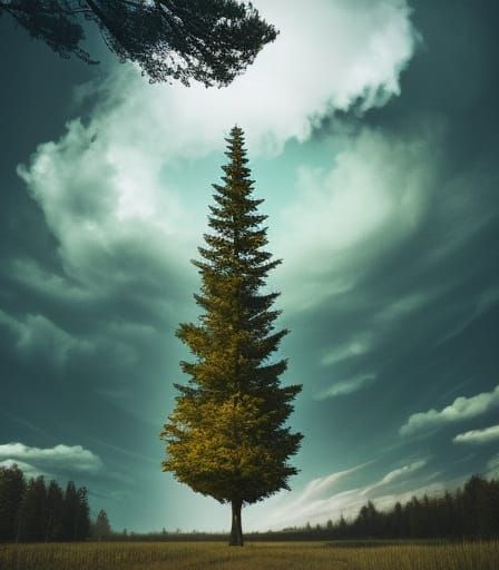 Surreal Dying Tree with Giant Eye in Ruins