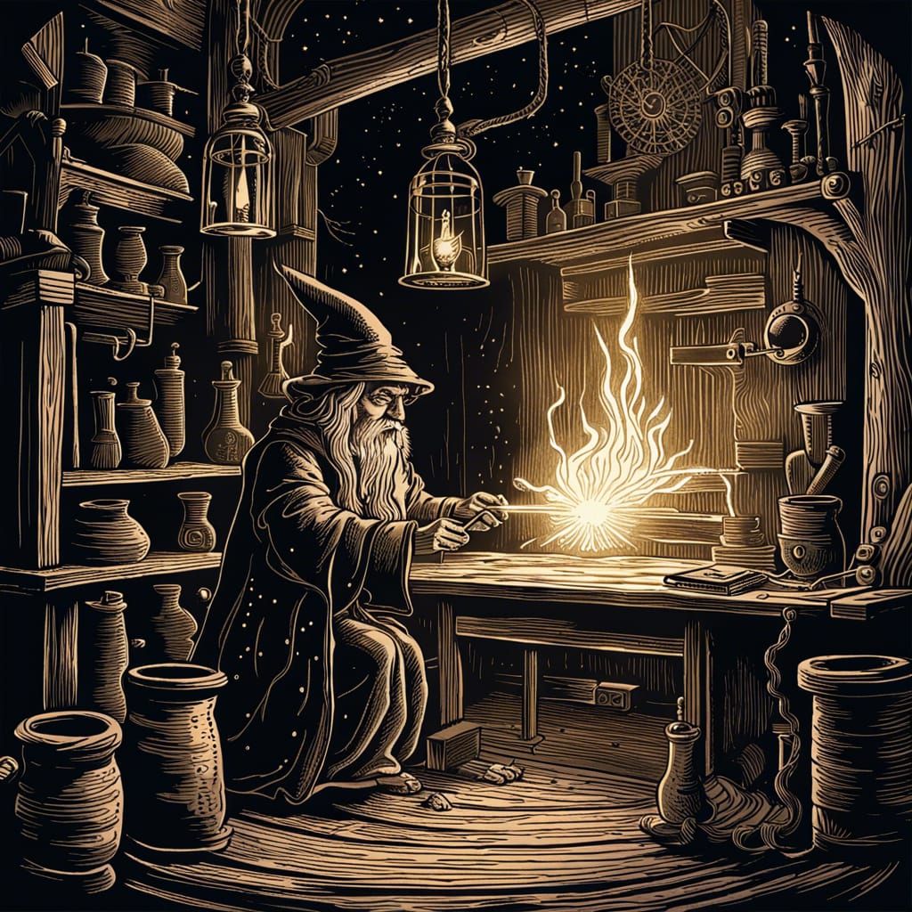Wizard's Dark Magic Experiment: A Rustic Woodcut