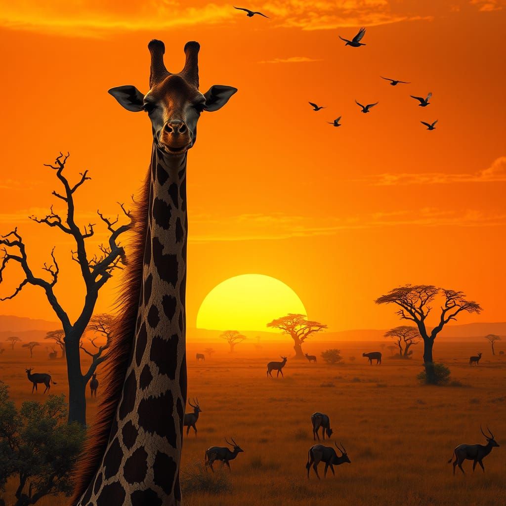 Giraffe Surveys African Savanna in Matte Painting Style