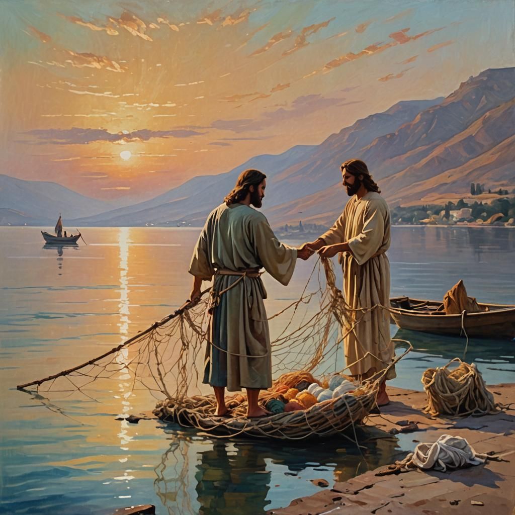 Jesus Calls Fisherman on Galilee in Impressionist Style