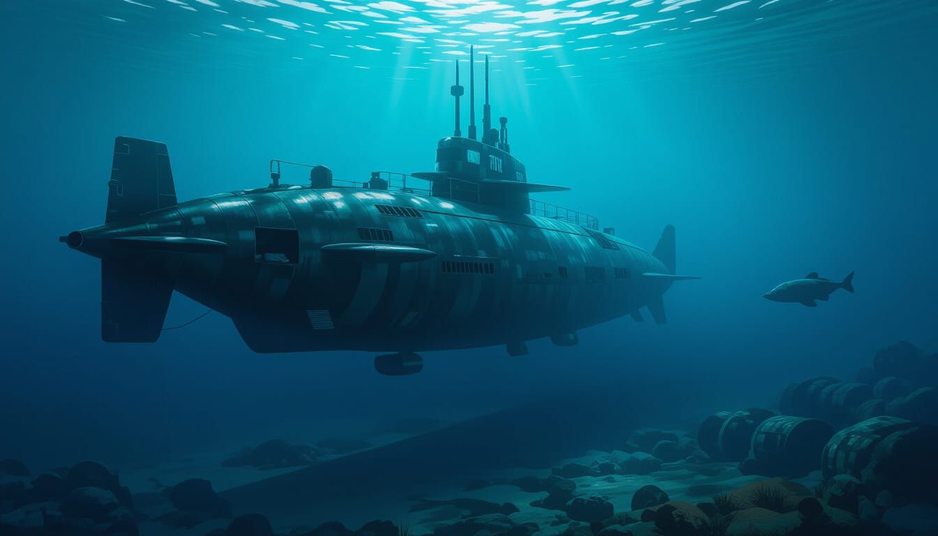 1940s Submarine in Deep Blue Water
