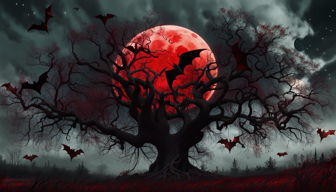 Eerie Forest with Red Moon and Giant Bats