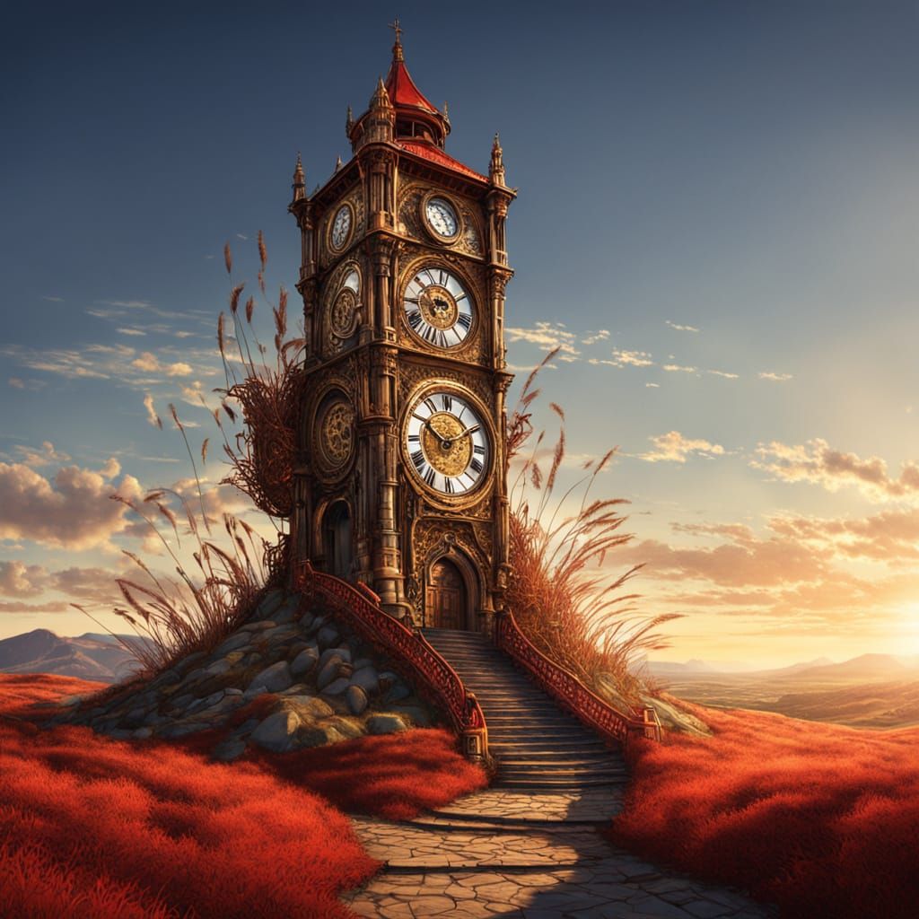 Enchanting Gold Clock Tower in Fantasy Landscape