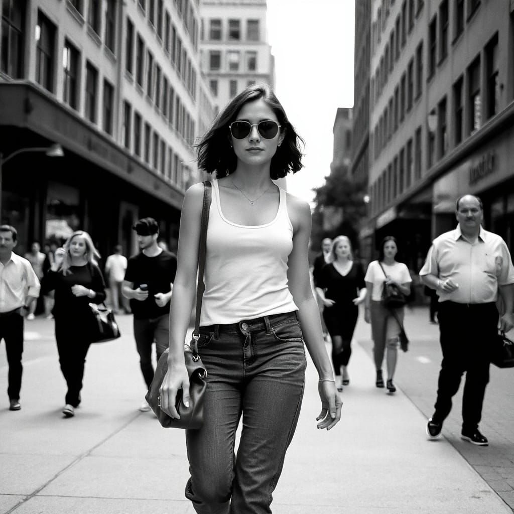 Confident Woman Walking in City Street, Black and White