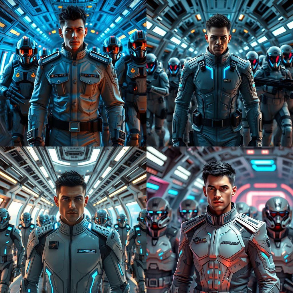 Cyberpunk Sci-Fi Officer in Uniform, Walking with Troopers