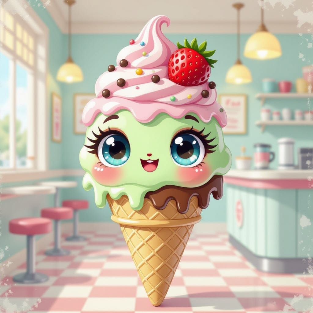 Chibi Ice Cream Cone in Retro Parlor, Vivid Colors